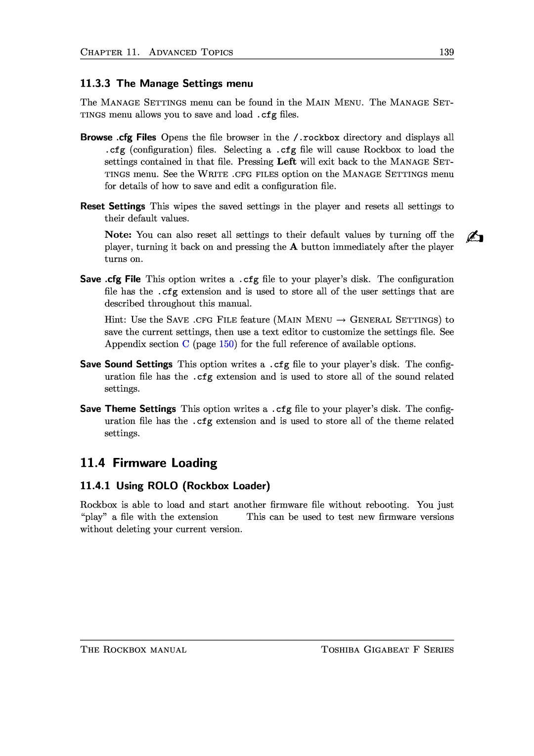 Toshiba F Series manual Firmware Loading, The Manage Settings menu, Using ROLO Rockbox Loader 