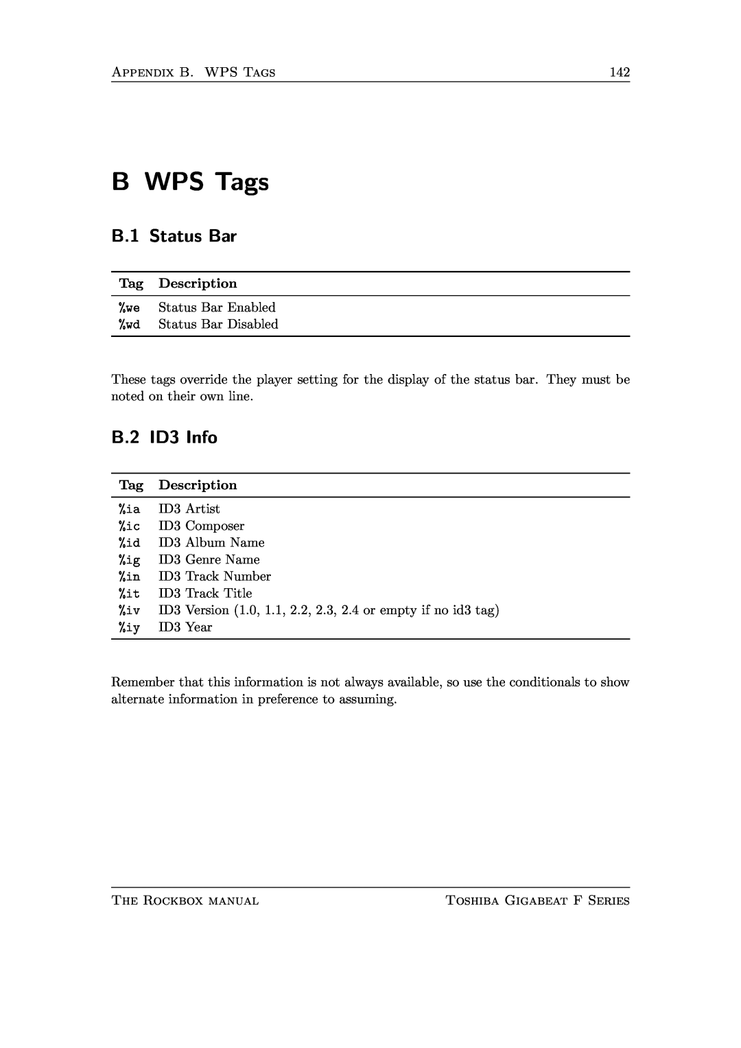 Toshiba F Series manual B WPS Tags, B.1 Status Bar, B.2 ID3 Info 