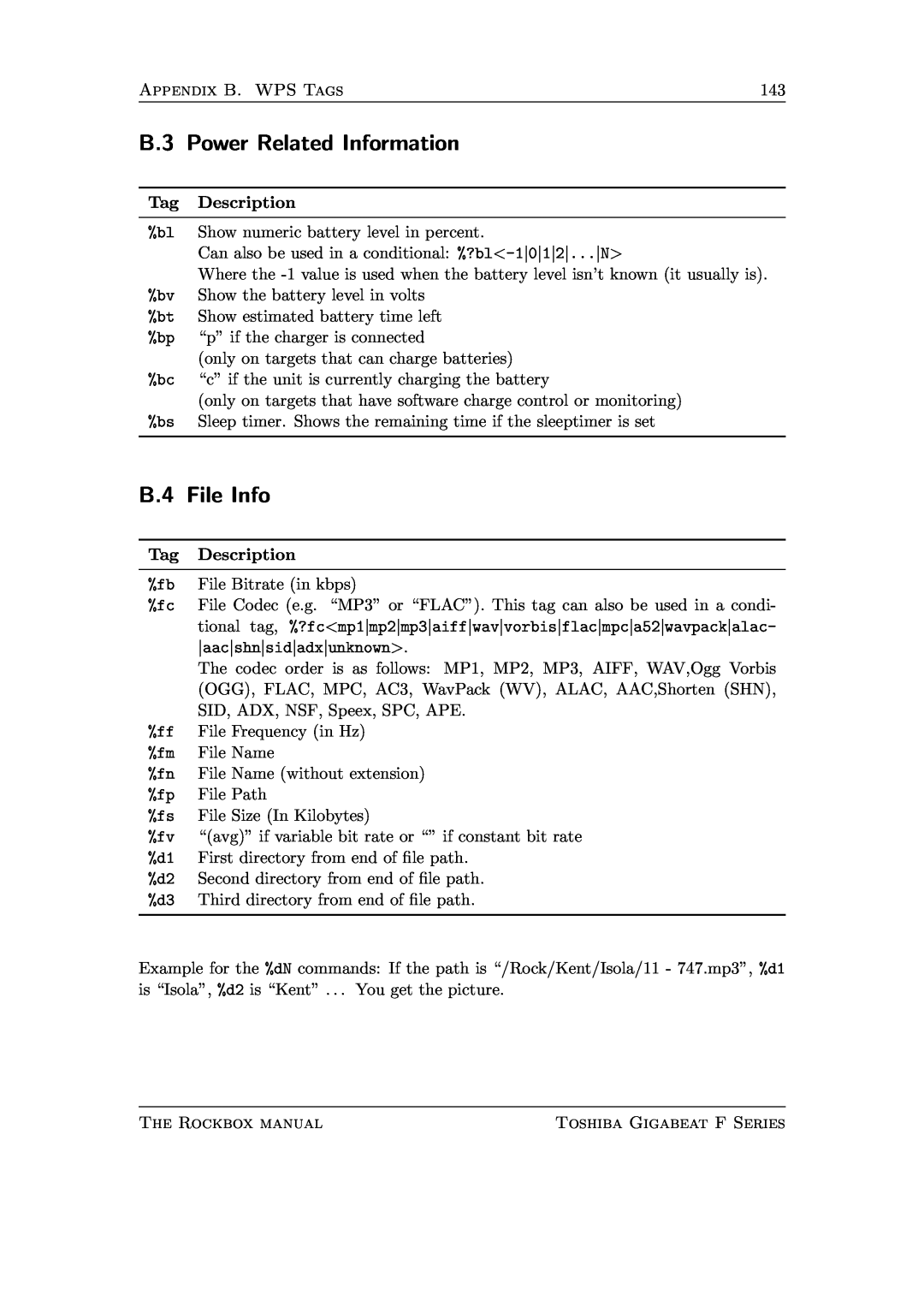Toshiba F Series manual B.3 Power Related Information, B.4 File Info 