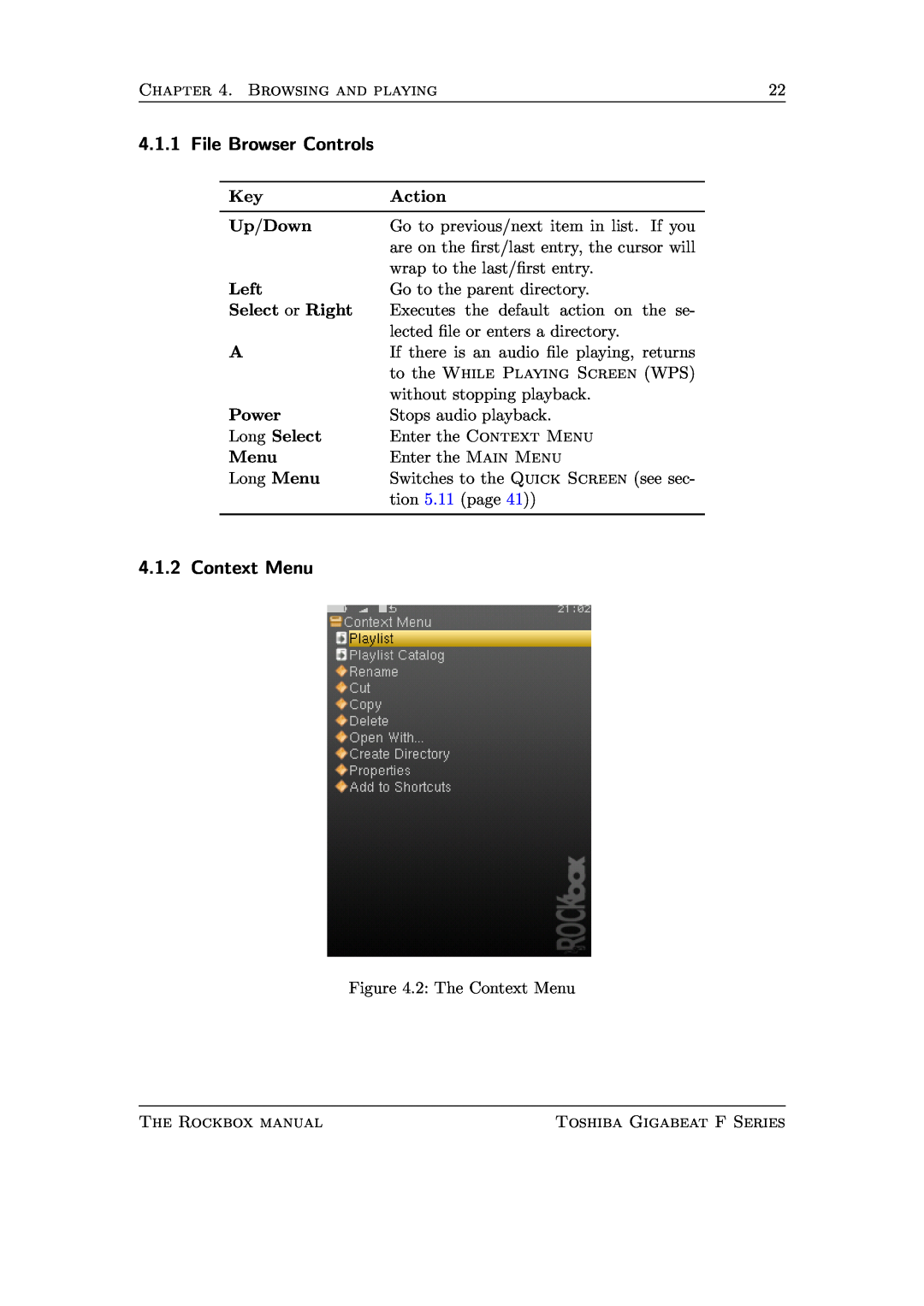 Toshiba F Series manual File Browser Controls, Context Menu 