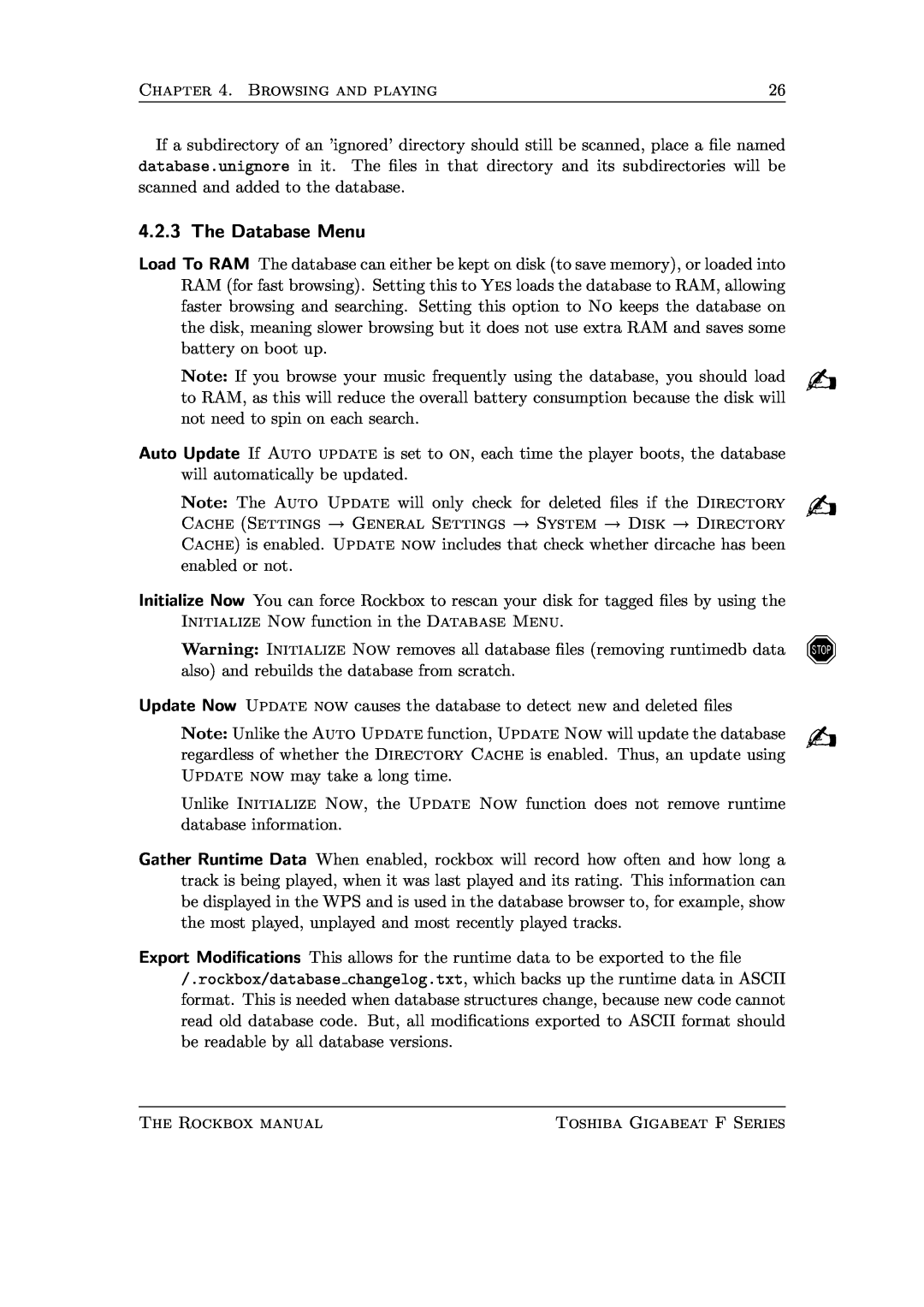 Toshiba F Series manual The Database Menu 