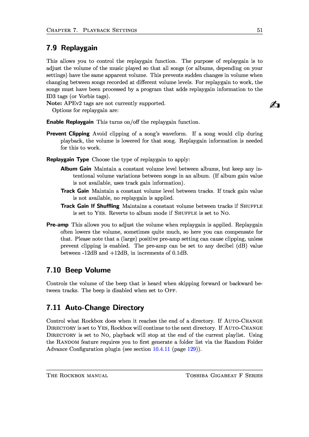 Toshiba F Series manual Replaygain, Beep Volume, Auto-Change Directory 