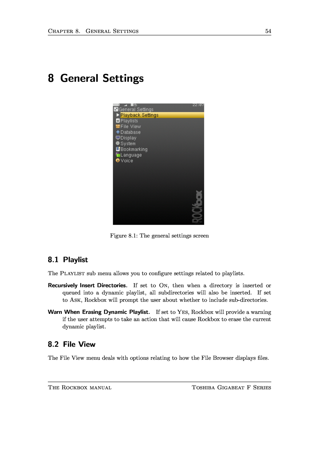 Toshiba F Series manual General Settings, Playlist, File View 