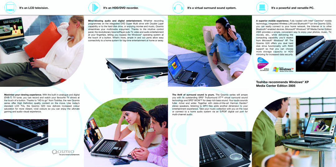 Toshiba F20-155 Toshiba recommends Windows XP Media Center Edition, It’s an LCD television It’s an HDD/DVD recorder 
