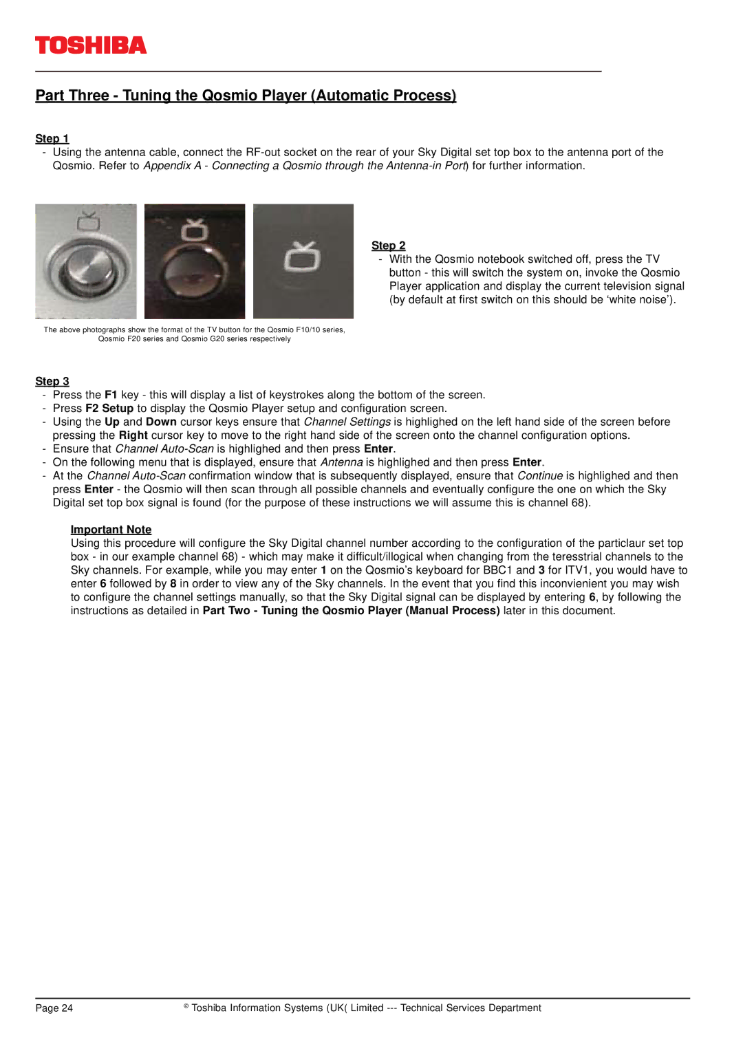 Toshiba F20 manual Part Three Tuning the Qosmio Player Automatic Process 