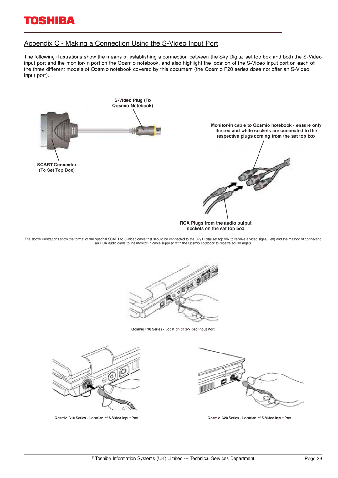 Toshiba F20 manual Appendix C Making a Connection Using the S-Video Input Port, Video Plug To Qosmio Notebook 