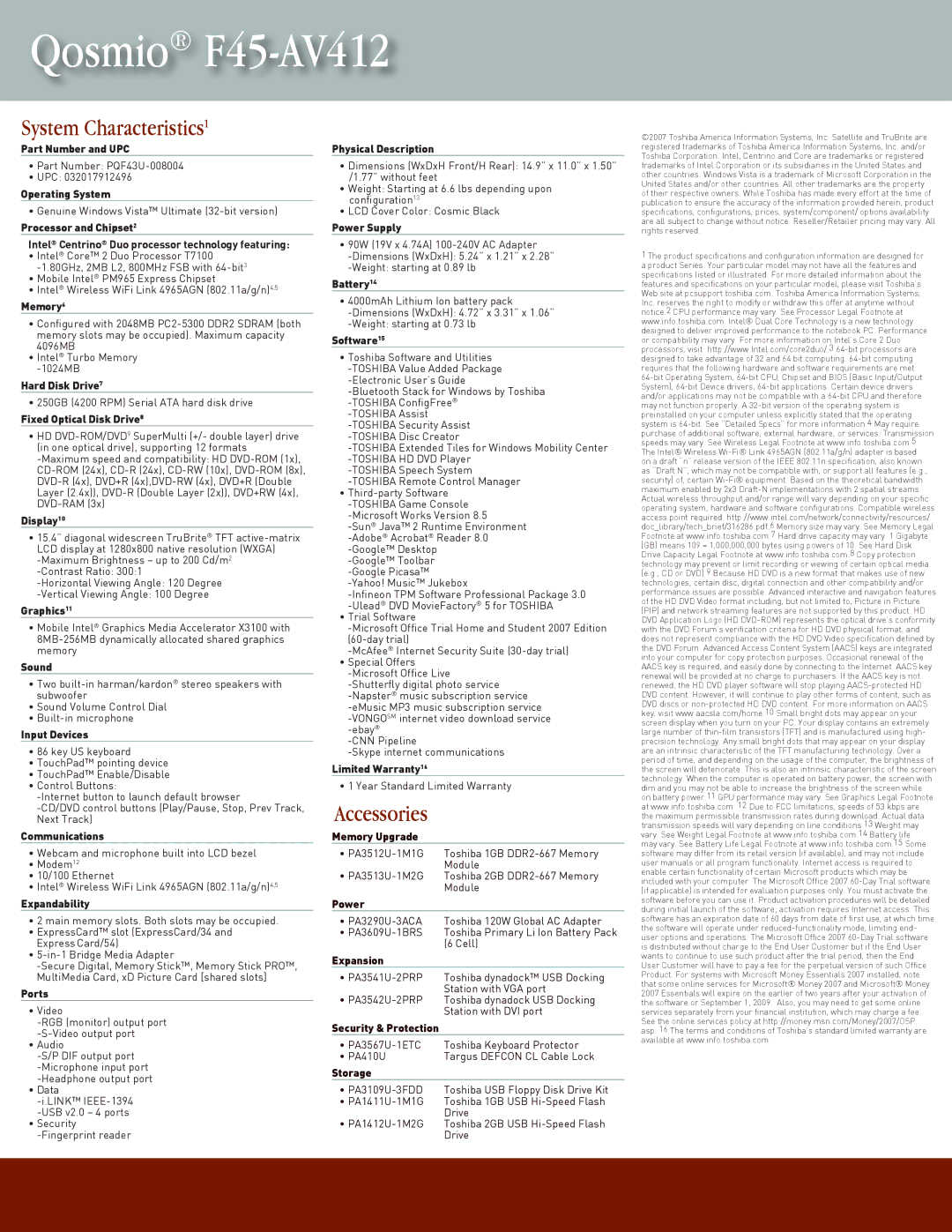 Toshiba F45-AV412 Part Number and UPC, Operating System, Memory6, Hard Disk Drive7, Fixed Optical Disk Drive8, Display10 