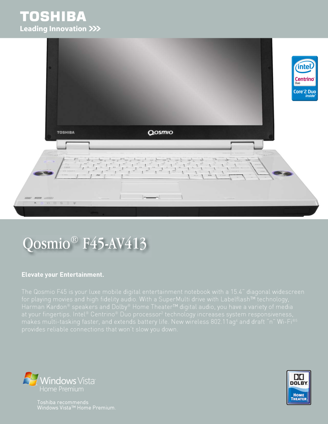 Toshiba manual Qosmio F45-AV413, Elevate your Entertainment 