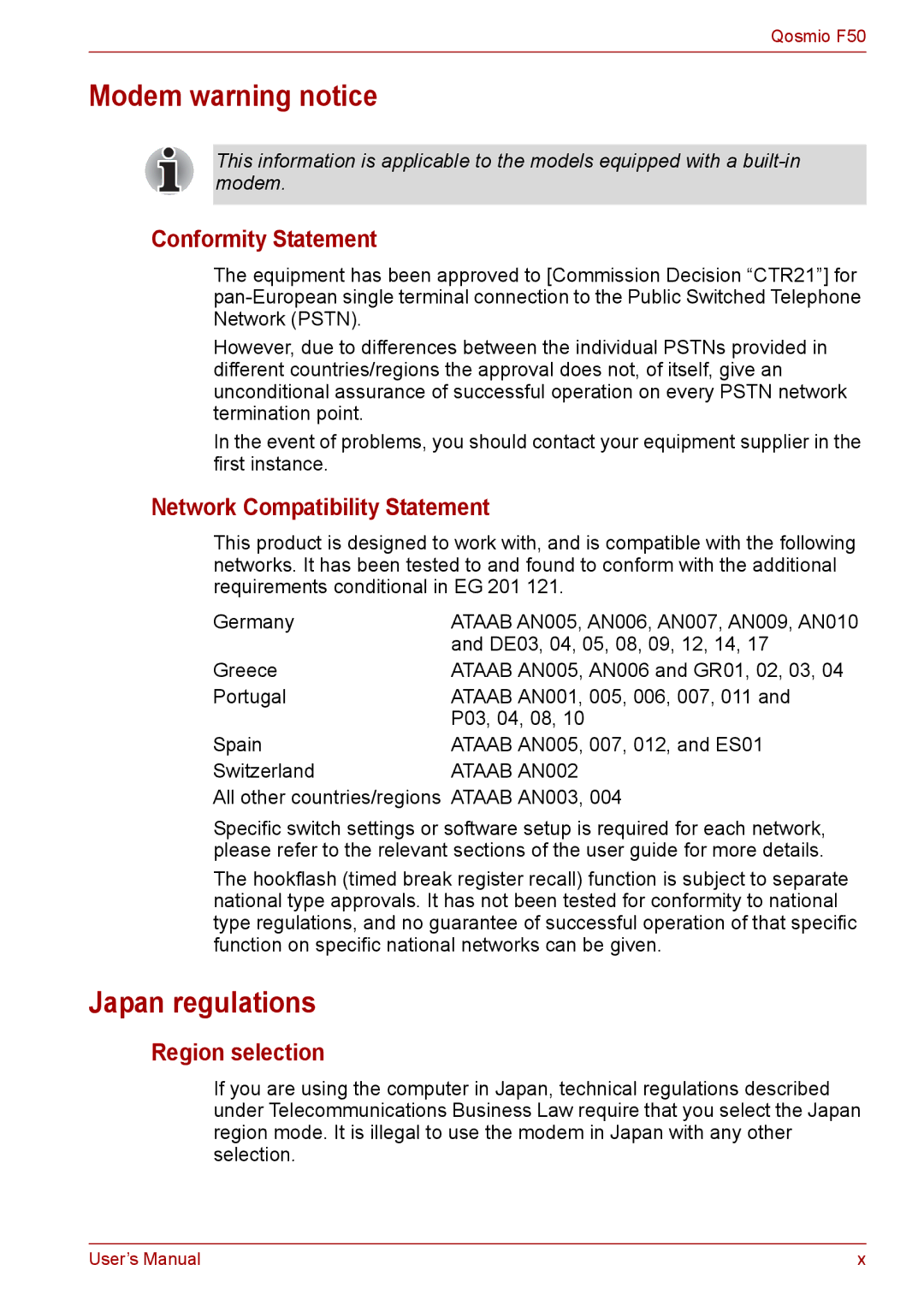 Toshiba F50 user manual Modem warning notice, Japan regulations, Conformity Statement, Network Compatibility Statement 