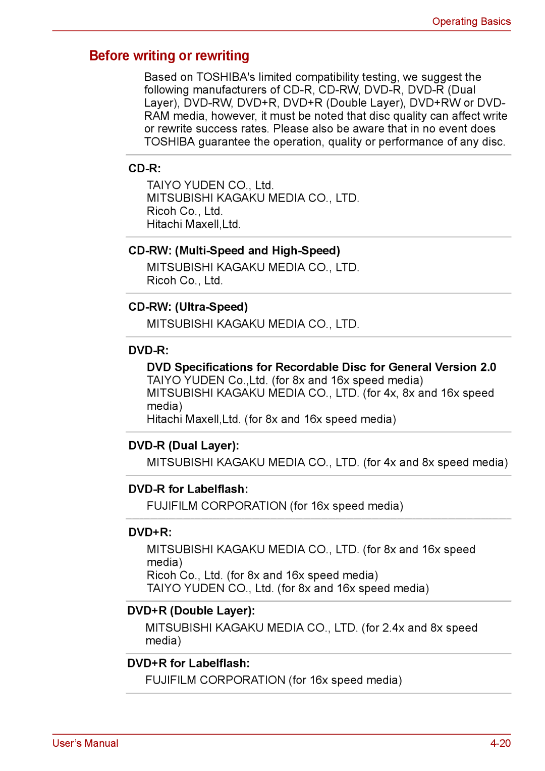 Toshiba F50 user manual Before writing or rewriting, CD-RW Multi-Speed and High-Speed CD-RW Ultra-Speed 