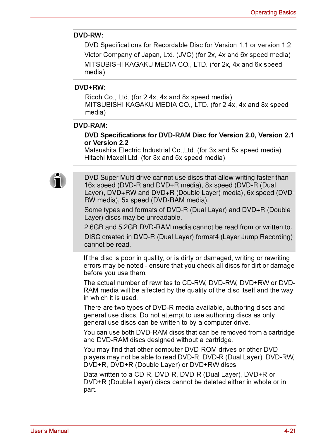 Toshiba F50 user manual Dvd-Rw Dvd+Rw Dvd-Ram 