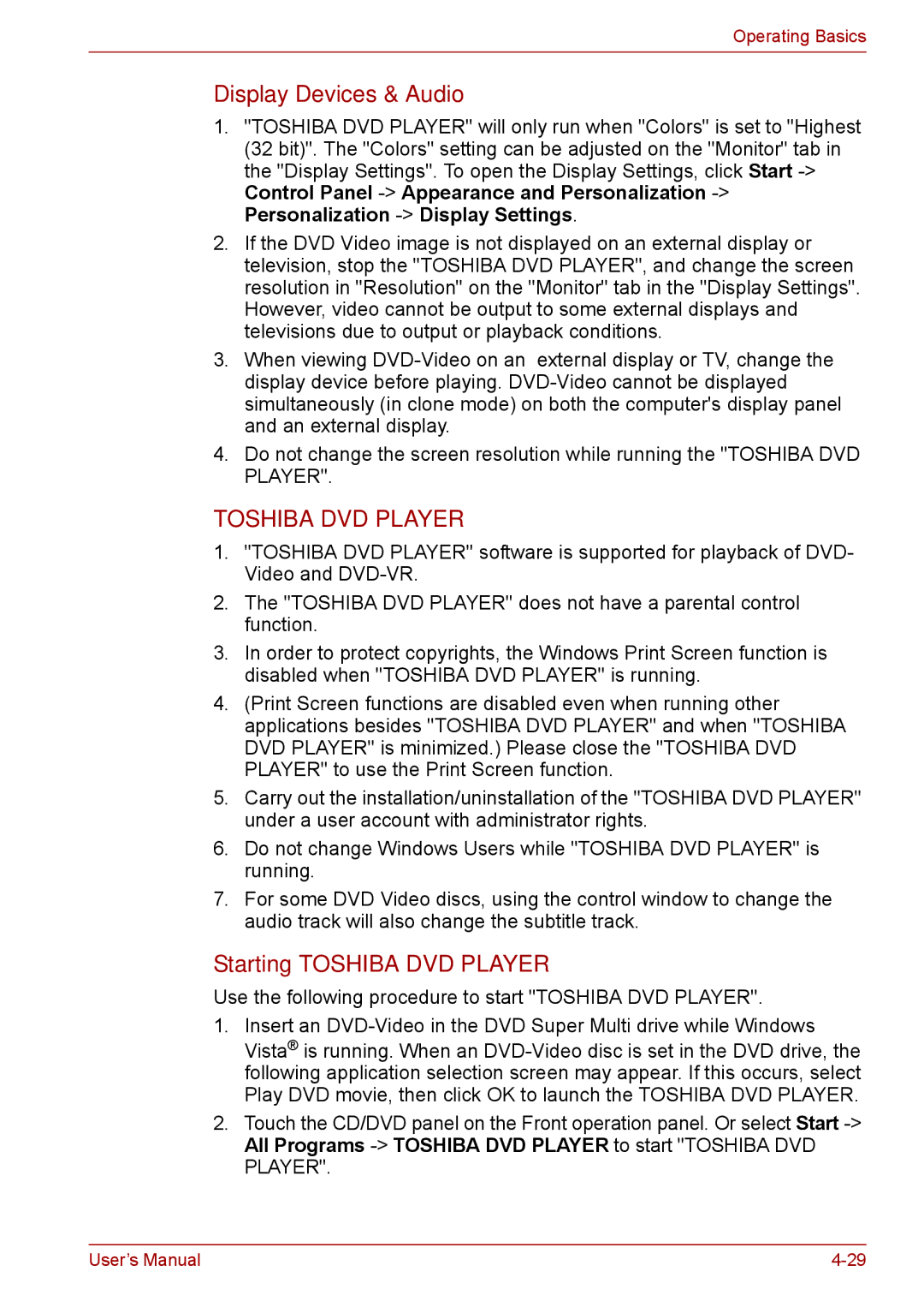 Toshiba F50 user manual Display Devices & Audio, Starting Toshiba DVD Player 