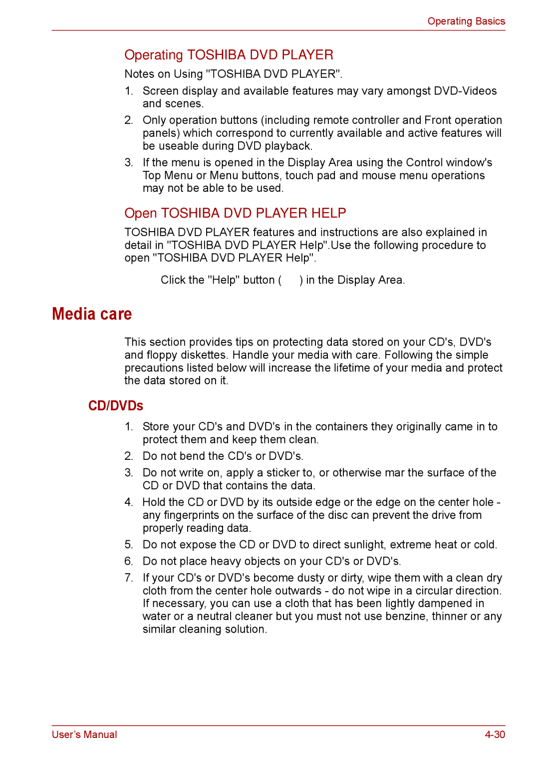 Toshiba F50 user manual Media care, CD/DVDs, Operating Toshiba DVD Player, Open Toshiba DVD Player Help 