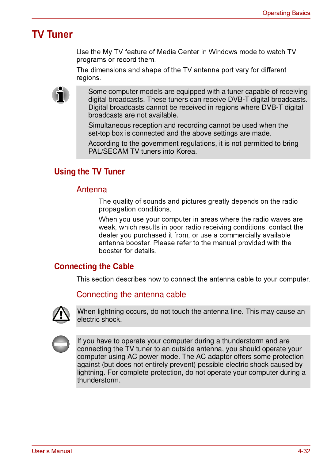 Toshiba F50 user manual Using the TV Tuner, Connecting the Cable, Antenna, Connecting the antenna cable 