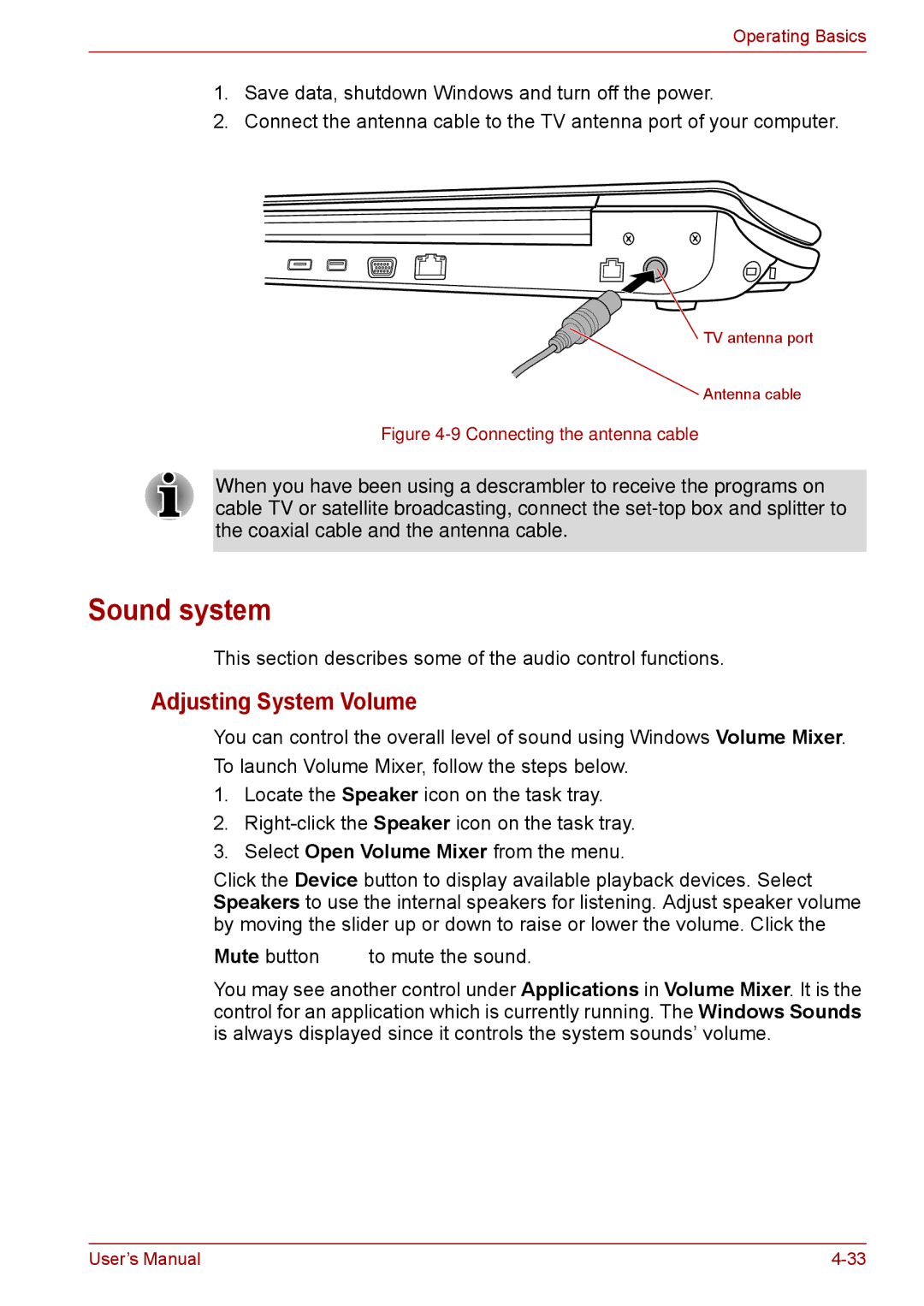 Toshiba F50 user manual Sound system, Adjusting System Volume 