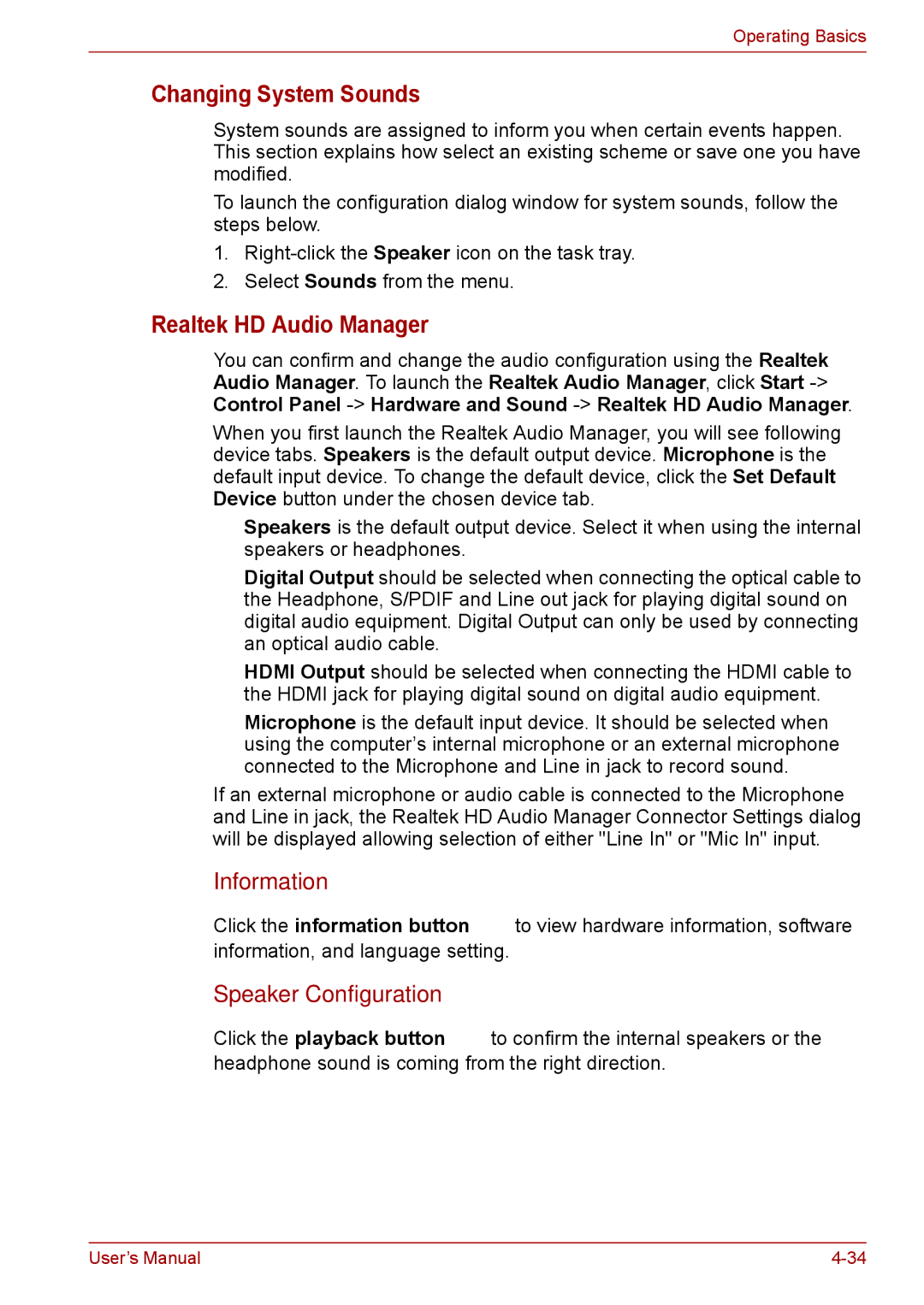 Toshiba F50 user manual Changing System Sounds, Realtek HD Audio Manager, Information, Speaker Configuration 