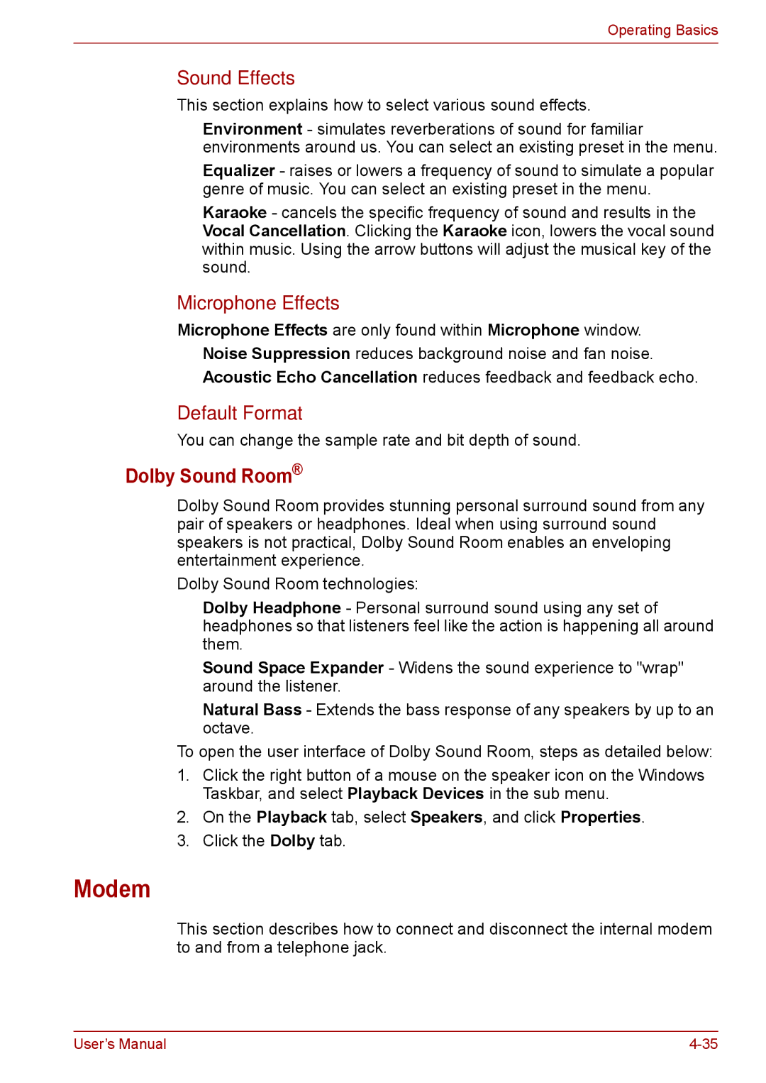 Toshiba F50 user manual Modem, Dolby Sound Room, Sound Effects, Microphone Effects, Default Format 