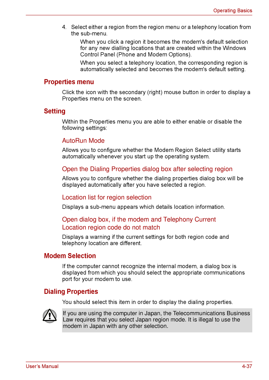 Toshiba F50 user manual Properties menu, Setting, Modem Selection, Dialing Properties 