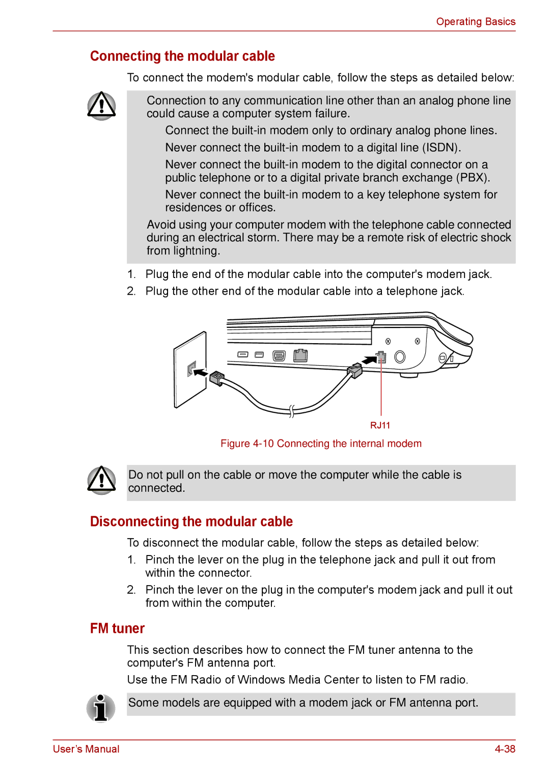 Toshiba F50 user manual Connecting the modular cable, Disconnecting the modular cable, FM tuner 