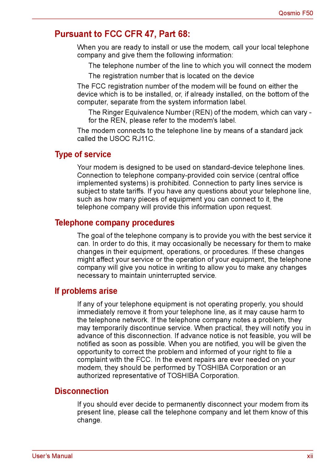 Toshiba F50 user manual Type of service, Telephone company procedures, If problems arise, Disconnection 