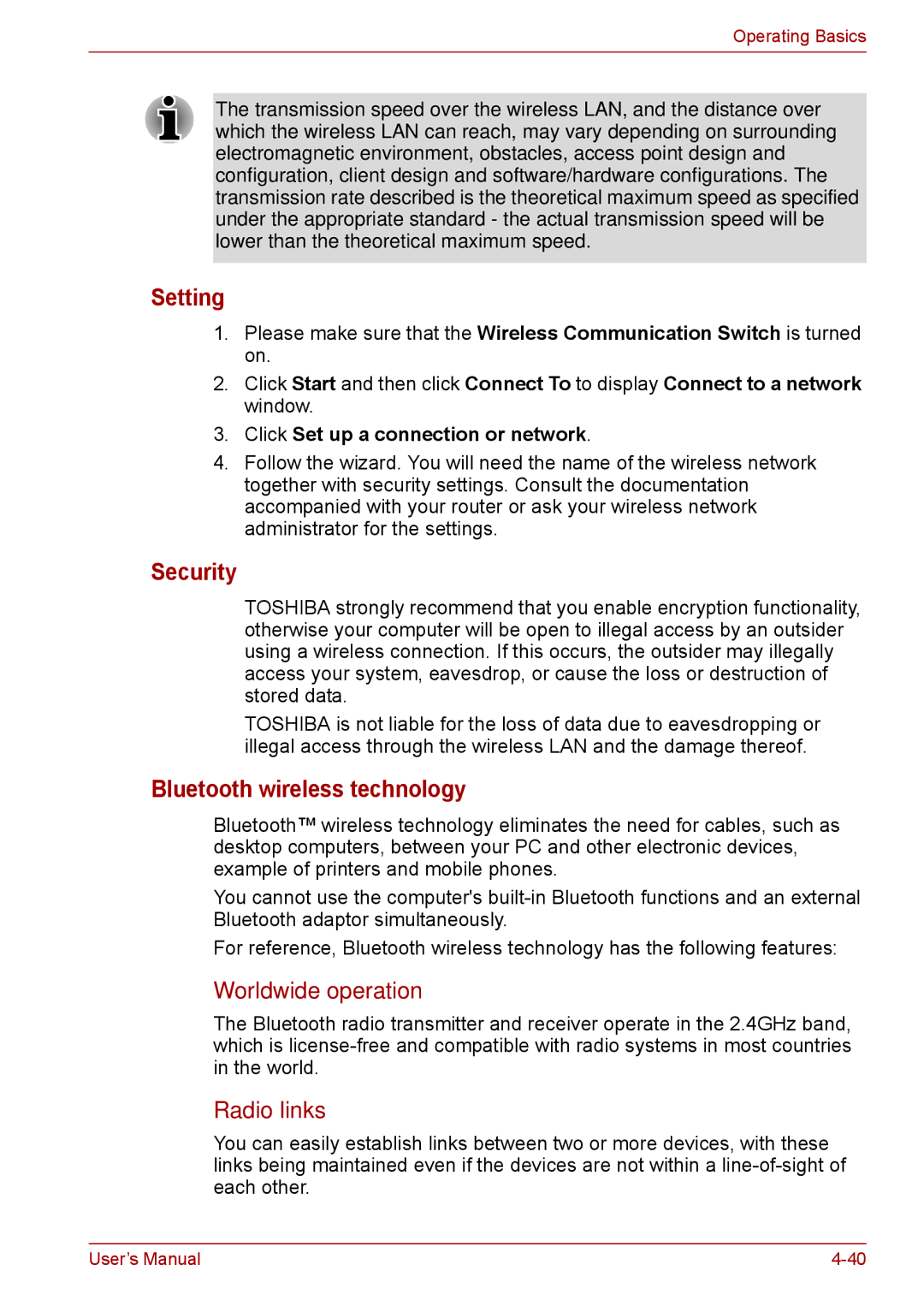 Toshiba F50 user manual Security, Bluetooth wireless technology, Worldwide operation, Radio links 