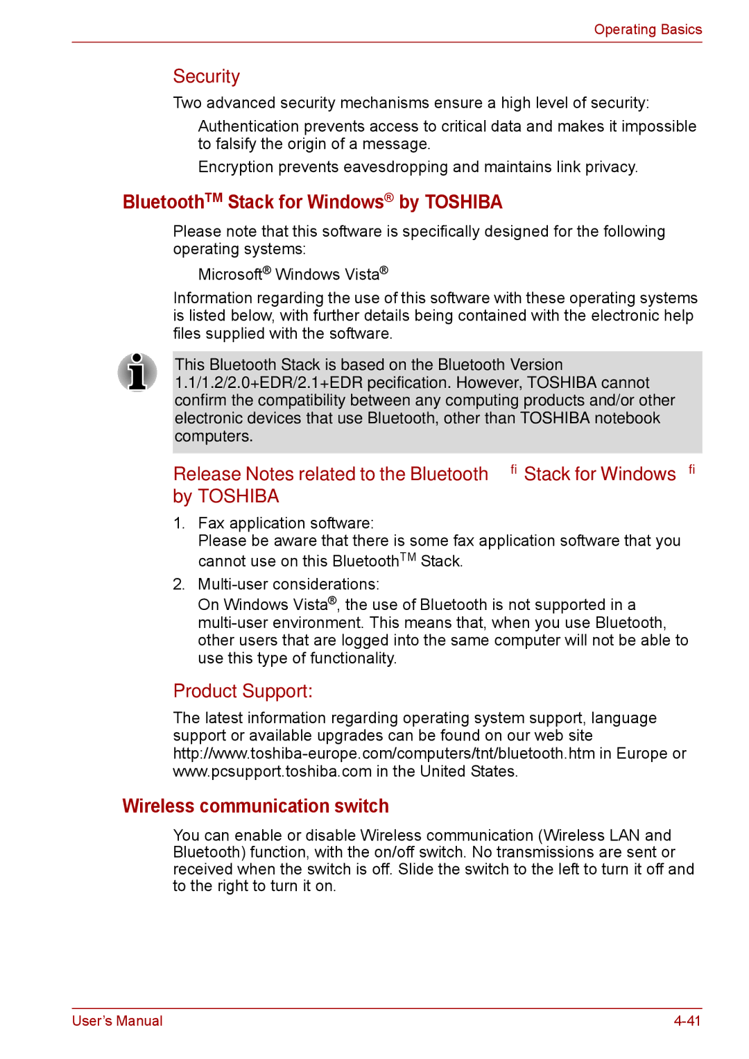 Toshiba F50 user manual BluetoothTM Stack for Windows by Toshiba, Wireless communication switch 