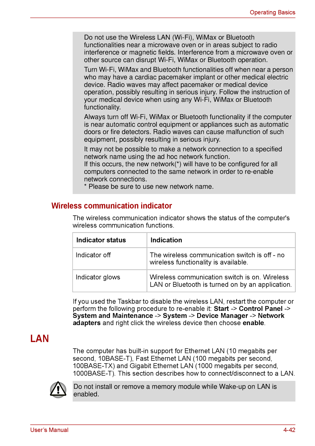 Toshiba F50 user manual Wireless communication indicator, Indicator status Indication 