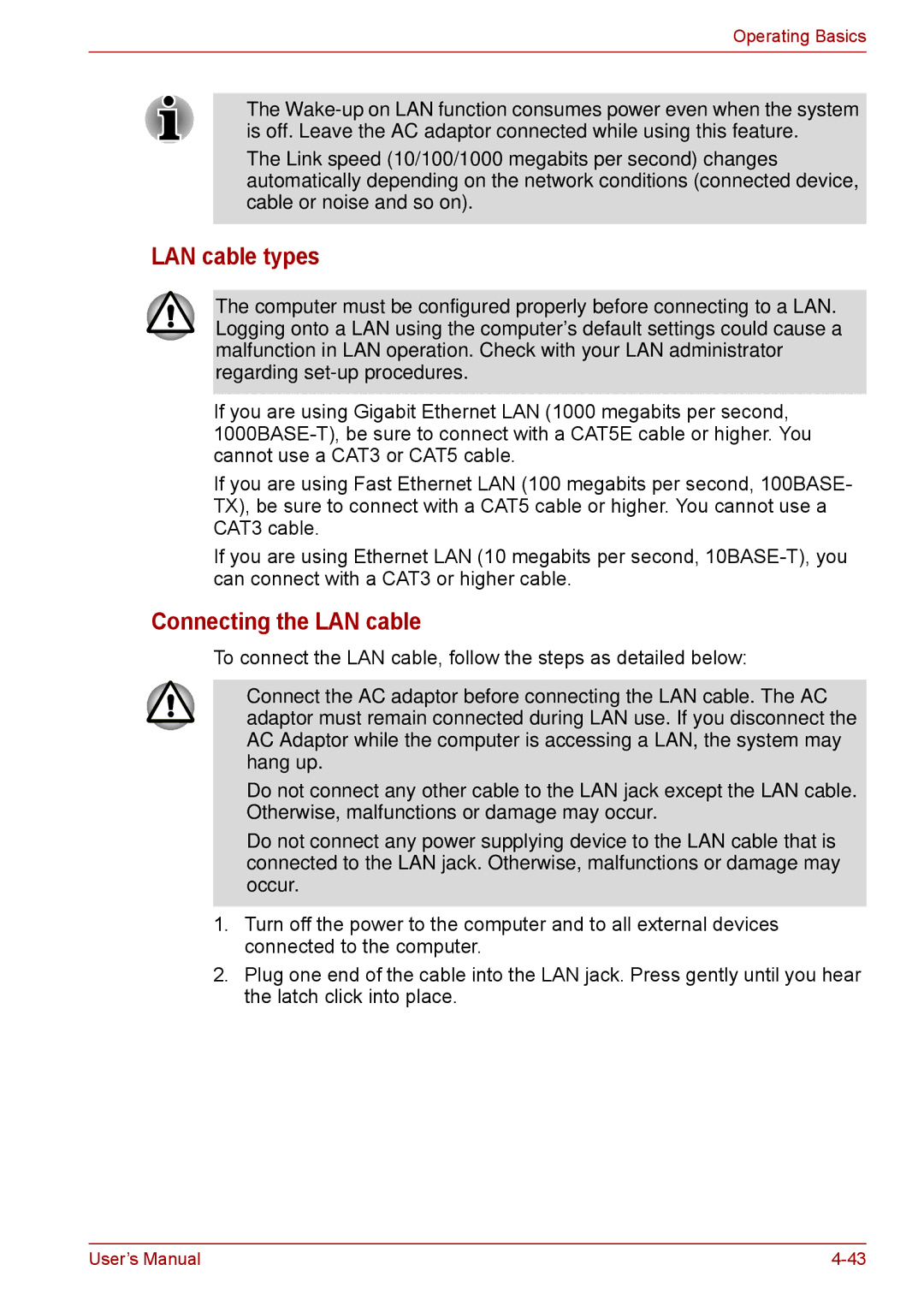 Toshiba F50 user manual LAN cable types, Connecting the LAN cable 