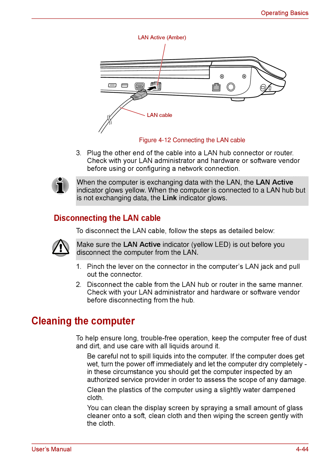 Toshiba F50 user manual Cleaning the computer, Disconnecting the LAN cable 