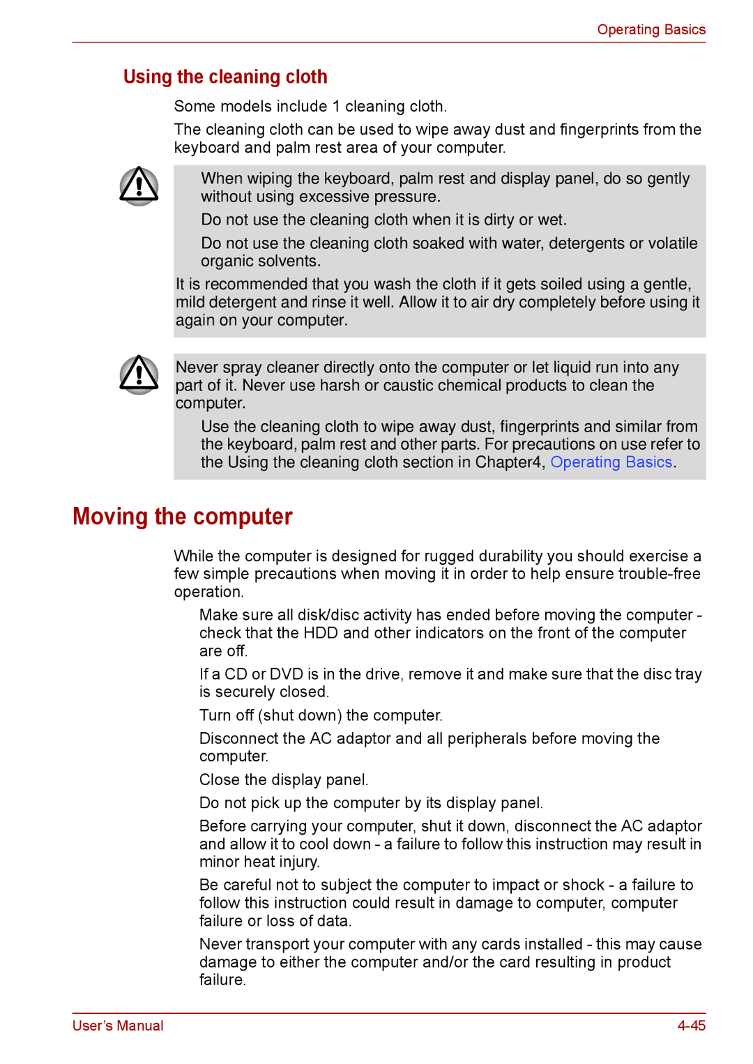 Toshiba F50 user manual Moving the computer, Using the cleaning cloth 