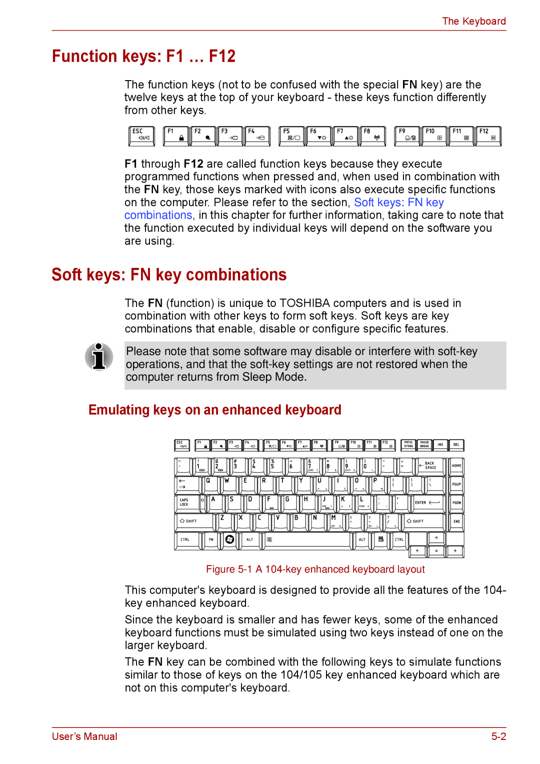 Toshiba F50 user manual Function keys F1 … F12, Soft keys FN key combinations, Emulating keys on an enhanced keyboard 