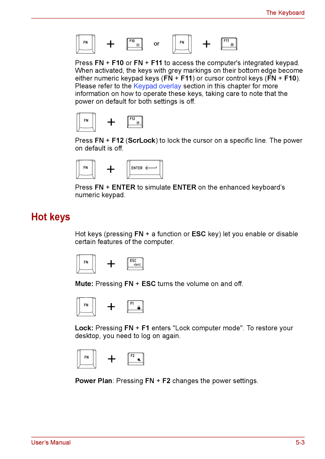 Toshiba F50 user manual Hot keys 