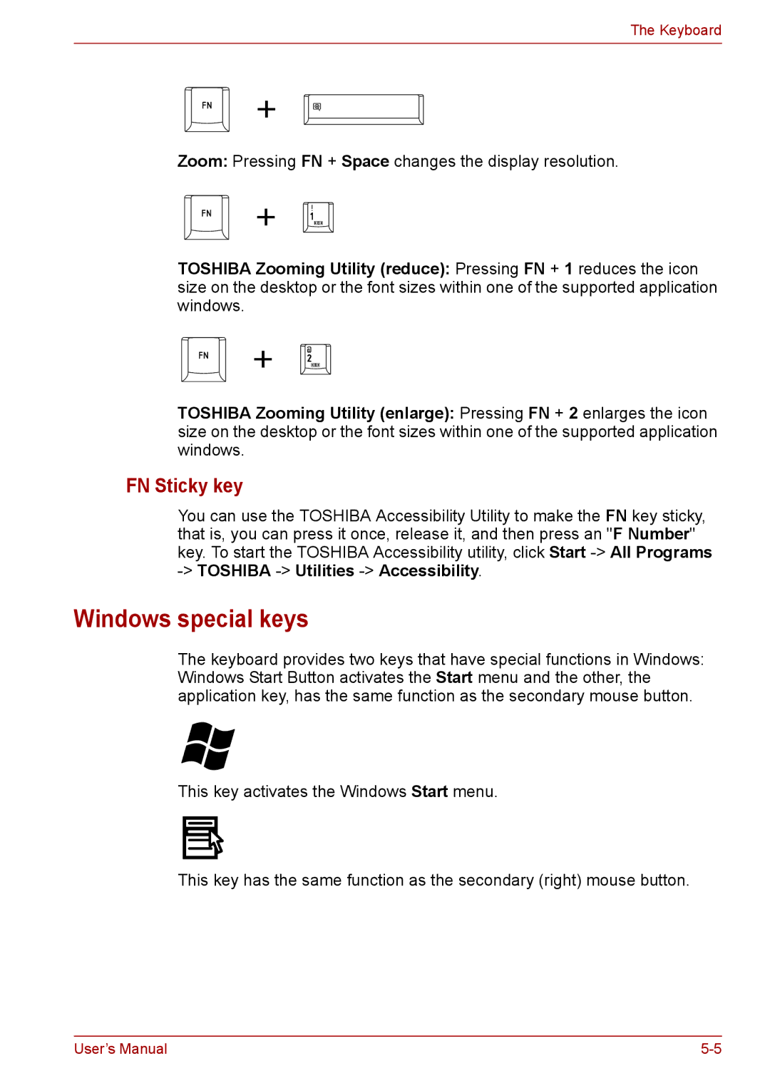 Toshiba F50 user manual Windows special keys, FN Sticky key 