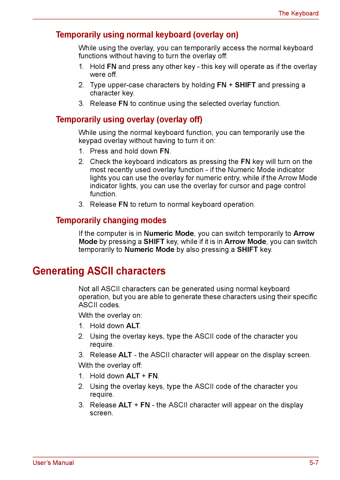 Toshiba F50 Generating Ascii characters, Temporarily using normal keyboard overlay on, Temporarily changing modes 