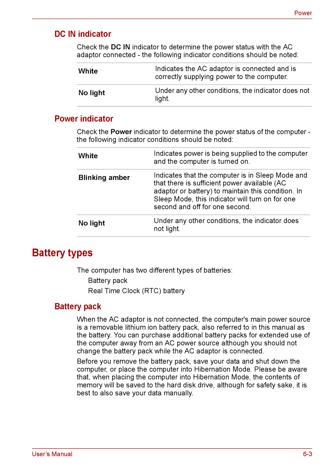 Toshiba F50 user manual Battery types, DC in indicator, Power indicator, Battery pack, Blinking amber 