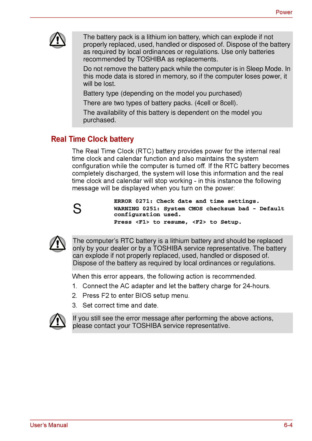 Toshiba F50 user manual Real Time Clock battery, Error 