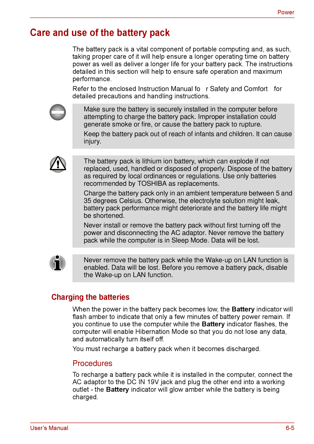 Toshiba F50 user manual Care and use of the battery pack, Charging the batteries, Procedures 