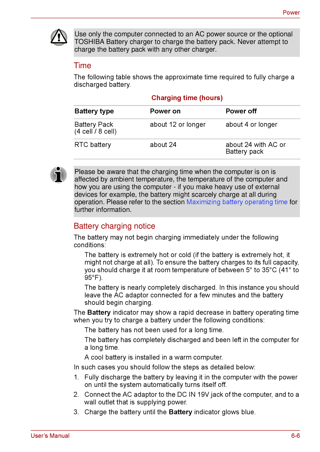 Toshiba F50 user manual Time, Battery charging notice, Battery type Power on Power off 