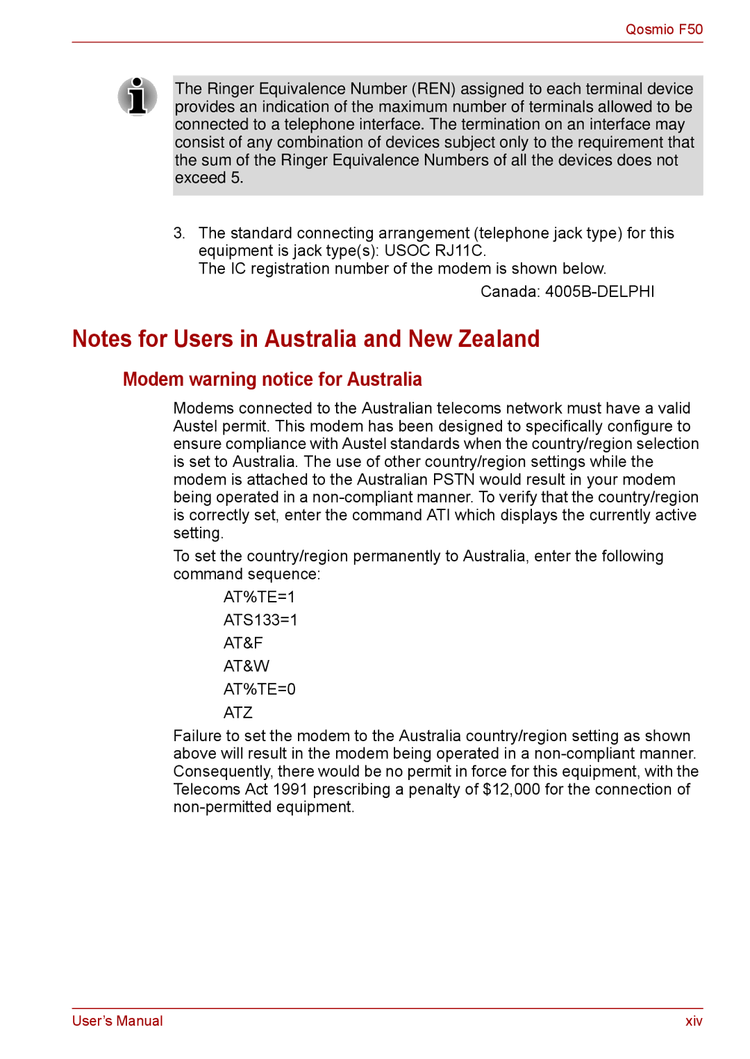 Toshiba F50 user manual Modem warning notice for Australia, AT&F AT&W AT%TE=0 ATZ 