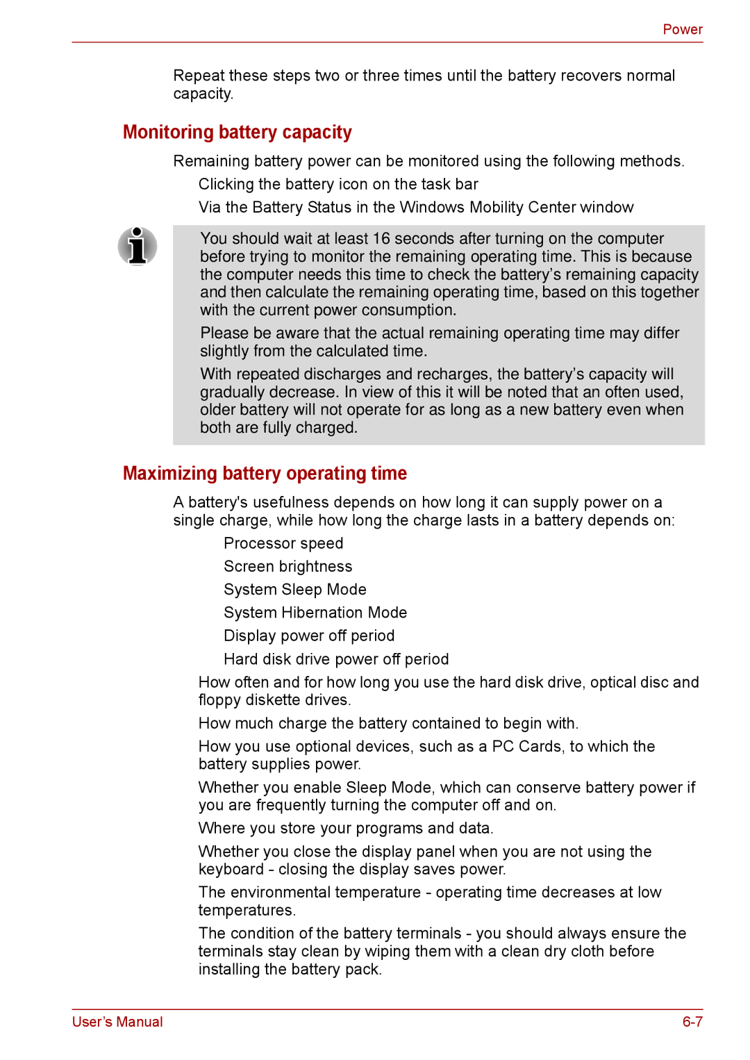 Toshiba F50 user manual Monitoring battery capacity, Maximizing battery operating time 