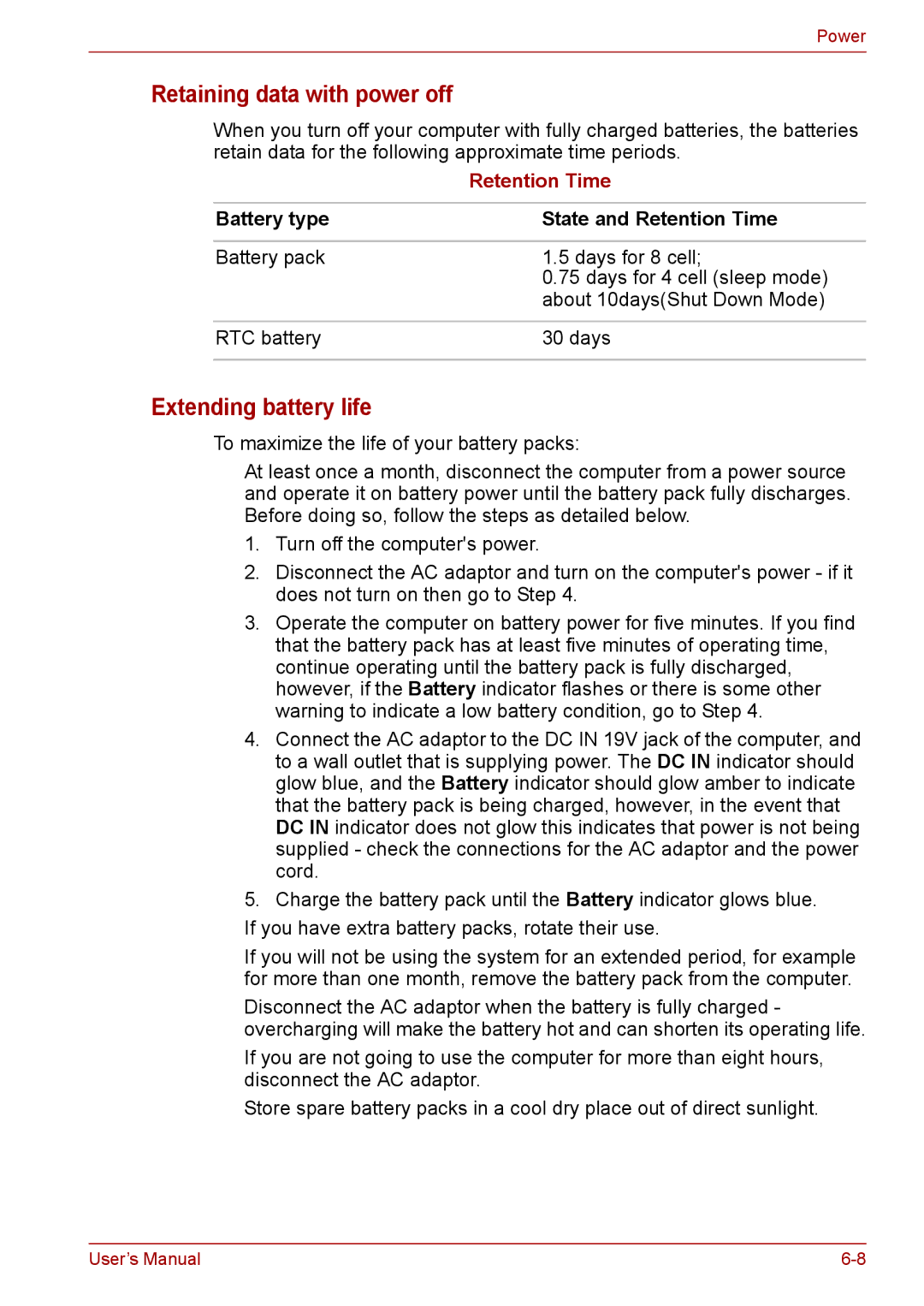 Toshiba F50 user manual Retaining data with power off, Extending battery life, Battery type State and Retention Time 