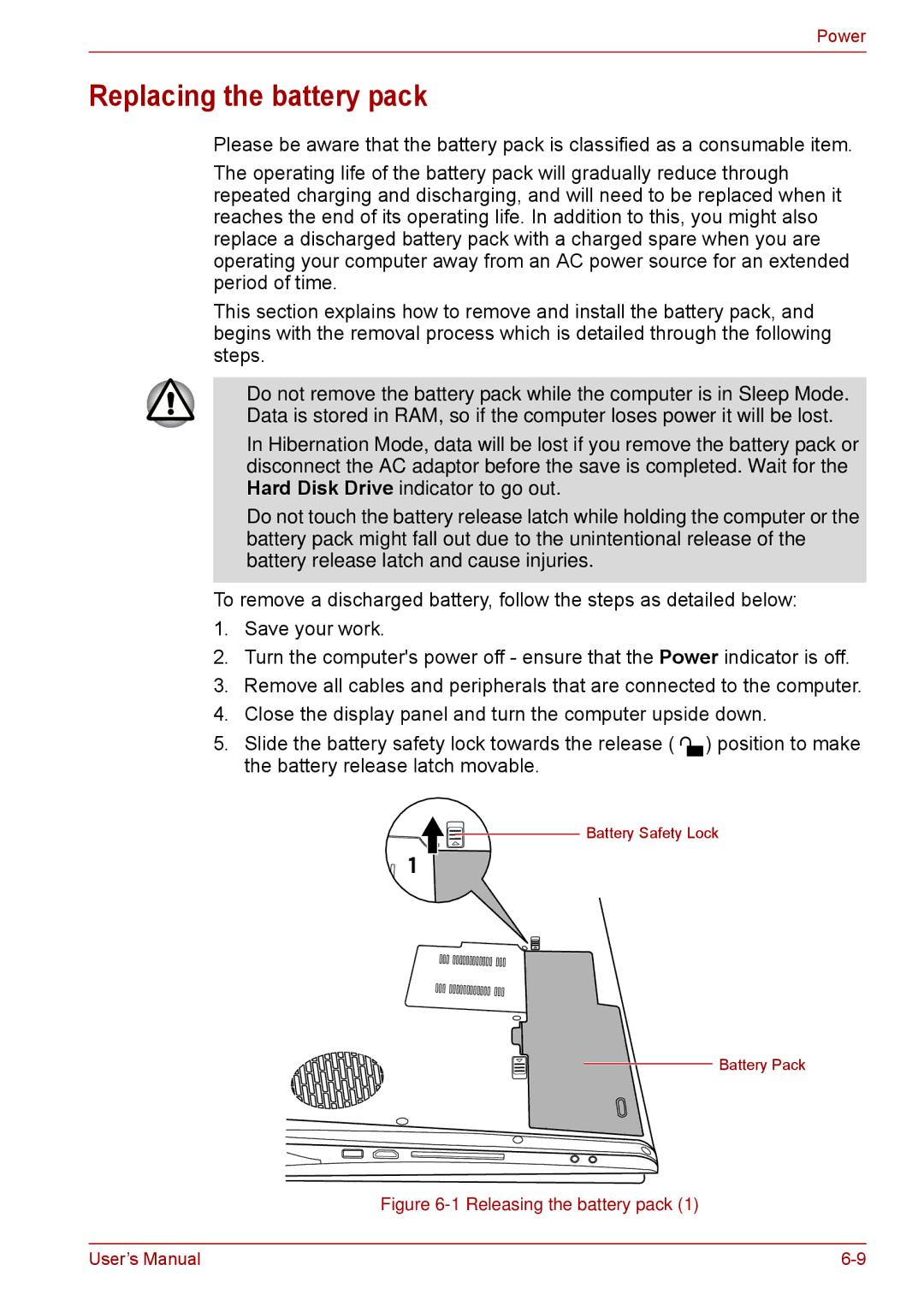 Toshiba F50 user manual Replacing the battery pack, Releasing the battery pack 