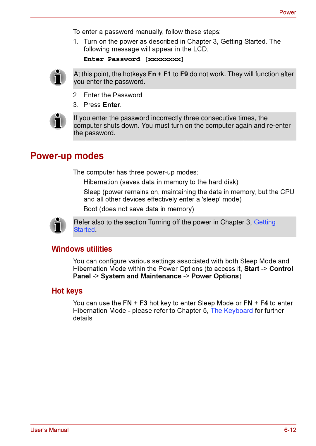 Toshiba F50 user manual Power-up modes, Windows utilities, Hot keys 