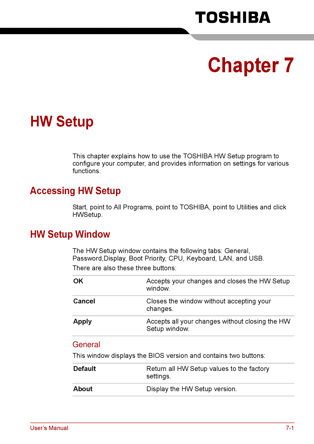 Toshiba F50 user manual Accessing HW Setup, HW Setup Window 