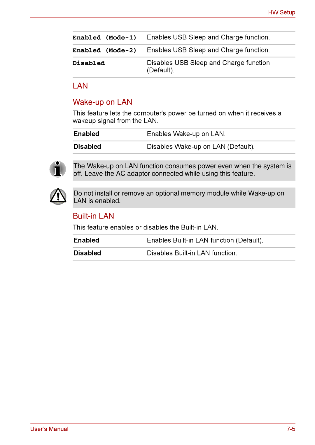 Toshiba F50 user manual Wake-up on LAN, Enables USB Sleep and Charge function, Disables USB Sleep and Charge function 