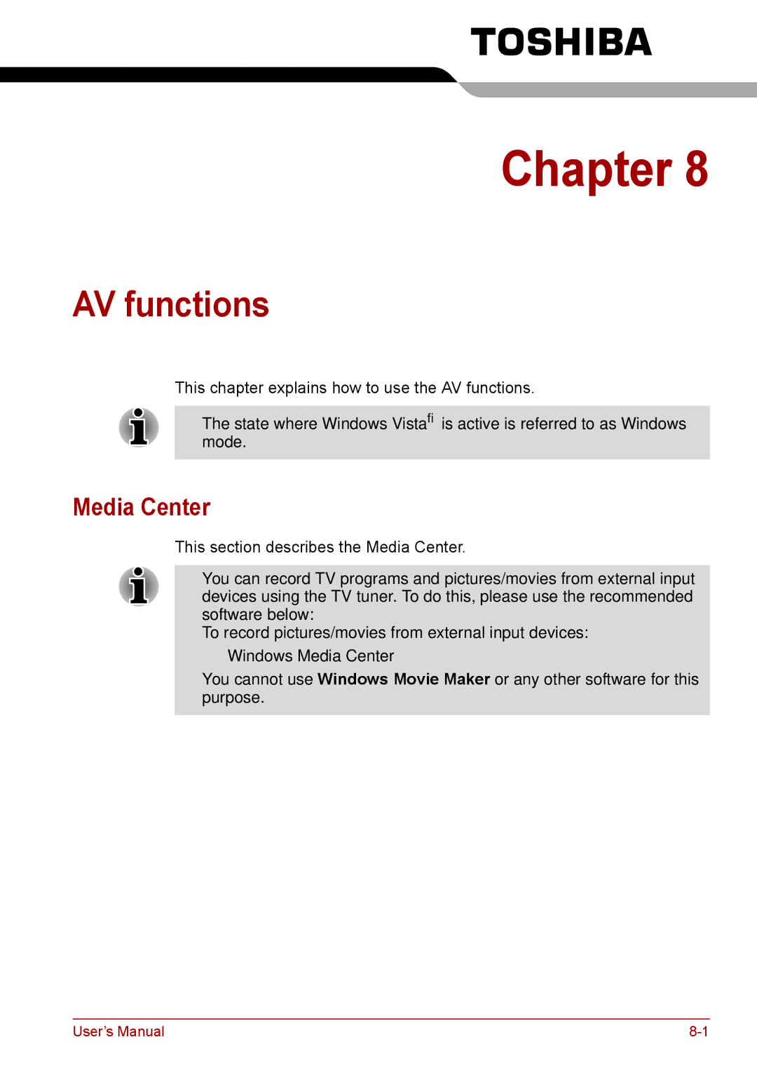 Toshiba F50 user manual AV functions, Media Center 