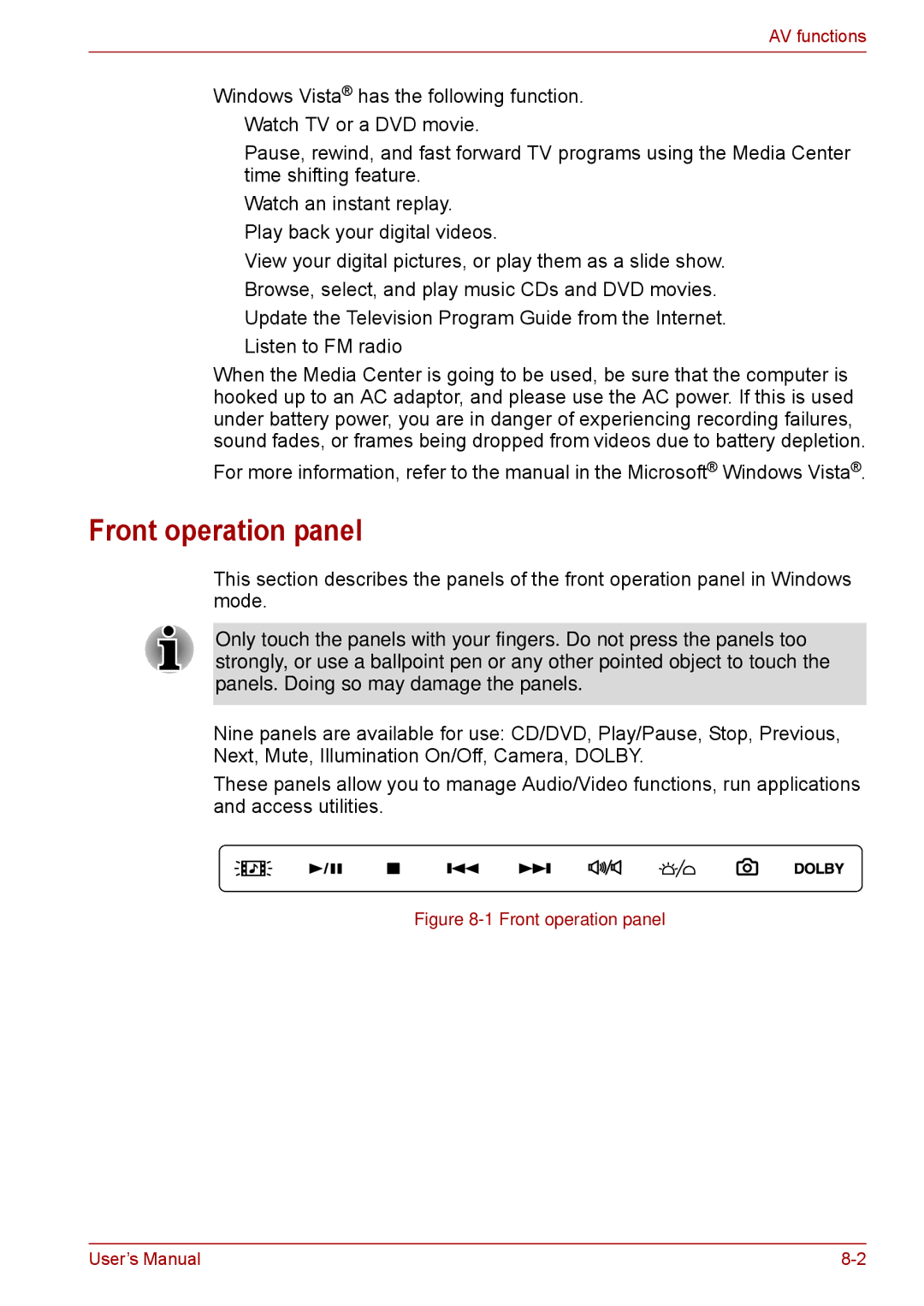 Toshiba F50 user manual Front operation panel 