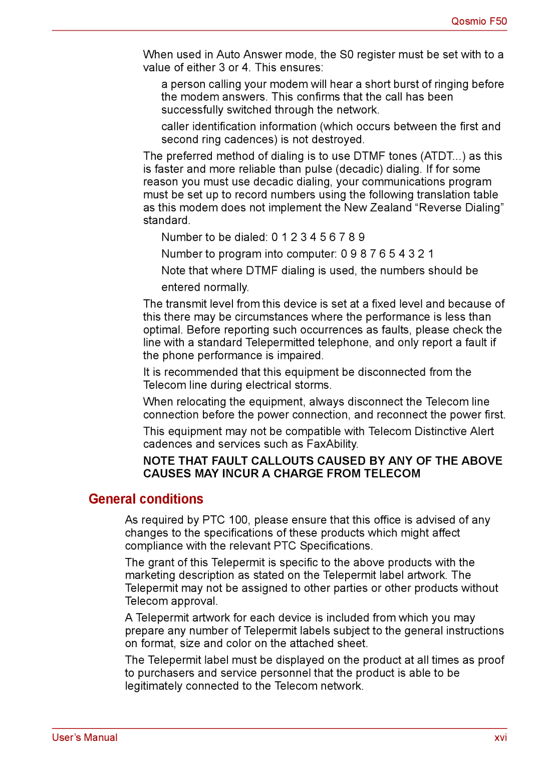 Toshiba F50 user manual General conditions 