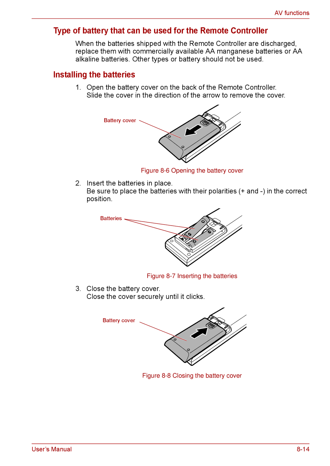 Toshiba F50 user manual Type of battery that can be used for the Remote Controller, Installing the batteries 