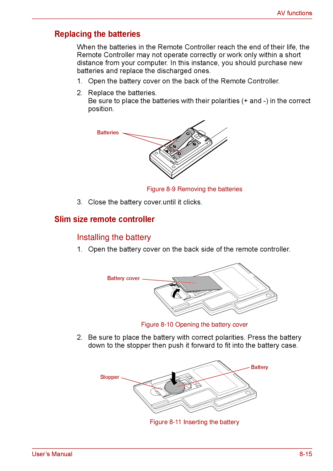 Toshiba F50 user manual Replacing the batteries, Installing the battery 